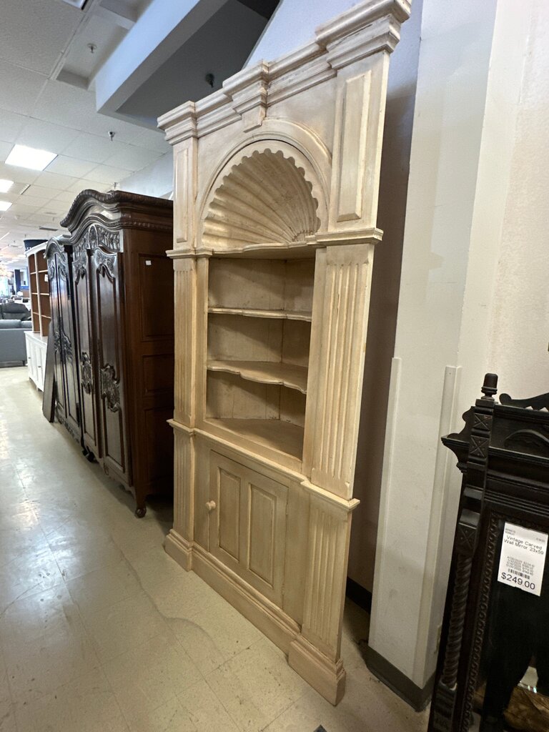 2 Piece Shell Carved Corner Cabinet 49x26x94 (Impressive Pine Corner Cabinet Base With Coordinating 4-Shelf Topper Featuring Carvings)