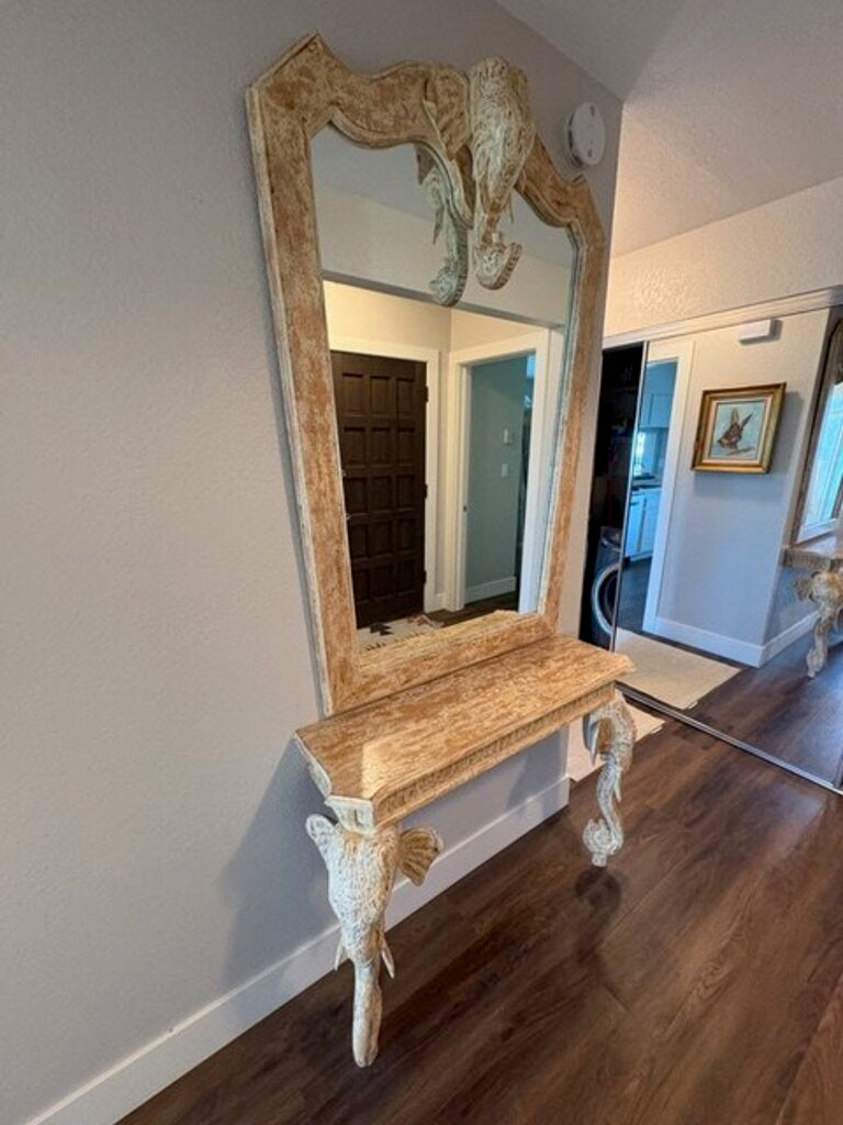Cream Carved Wood Elephant Motif Console + Mirror 42x12x86