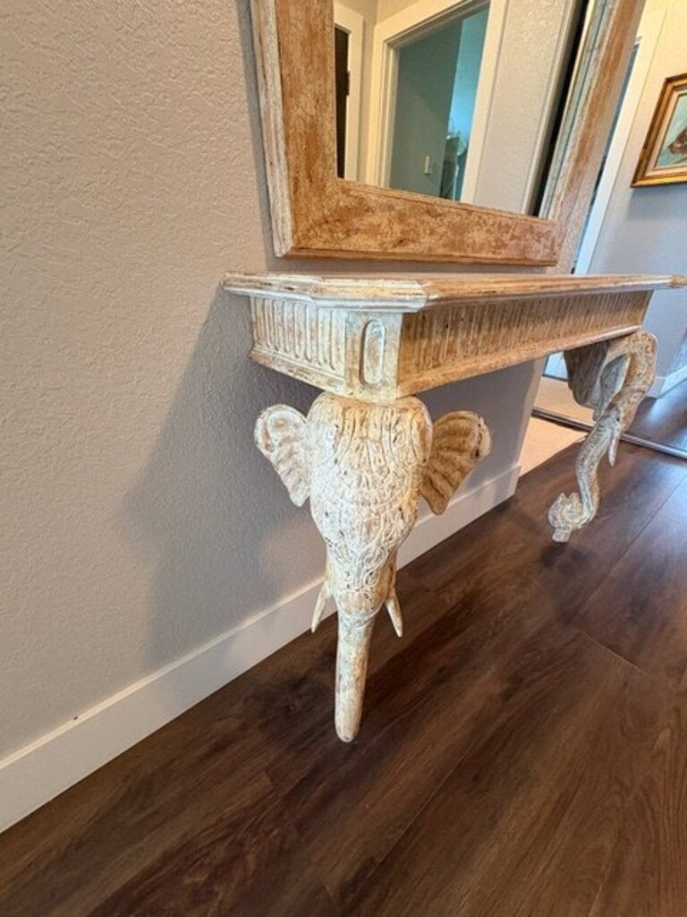 Cream Carved Wood Elephant Motif Console + Mirror 42x12x86