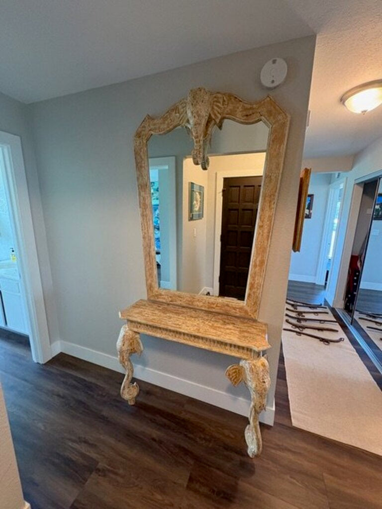 Cream Carved Wood Elephant Motif Console + Mirror 42x12x86
