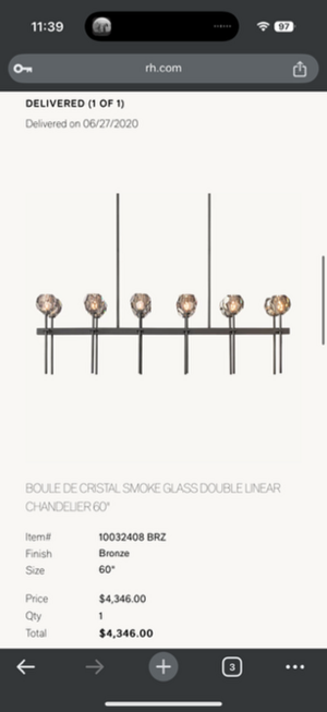 Restoration Hardware Boule Double Linear Chandelier 60" W