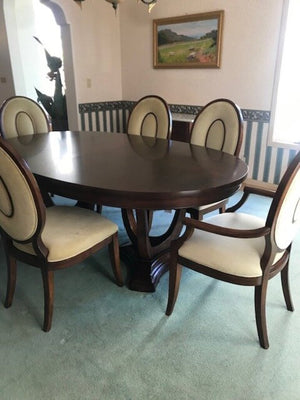 Thomasville Lumine Collection Dining Table with Double Pedestal, 8 Upholstered Chairs and Three Leaf ExtensionPlus Three 19" Leaves
