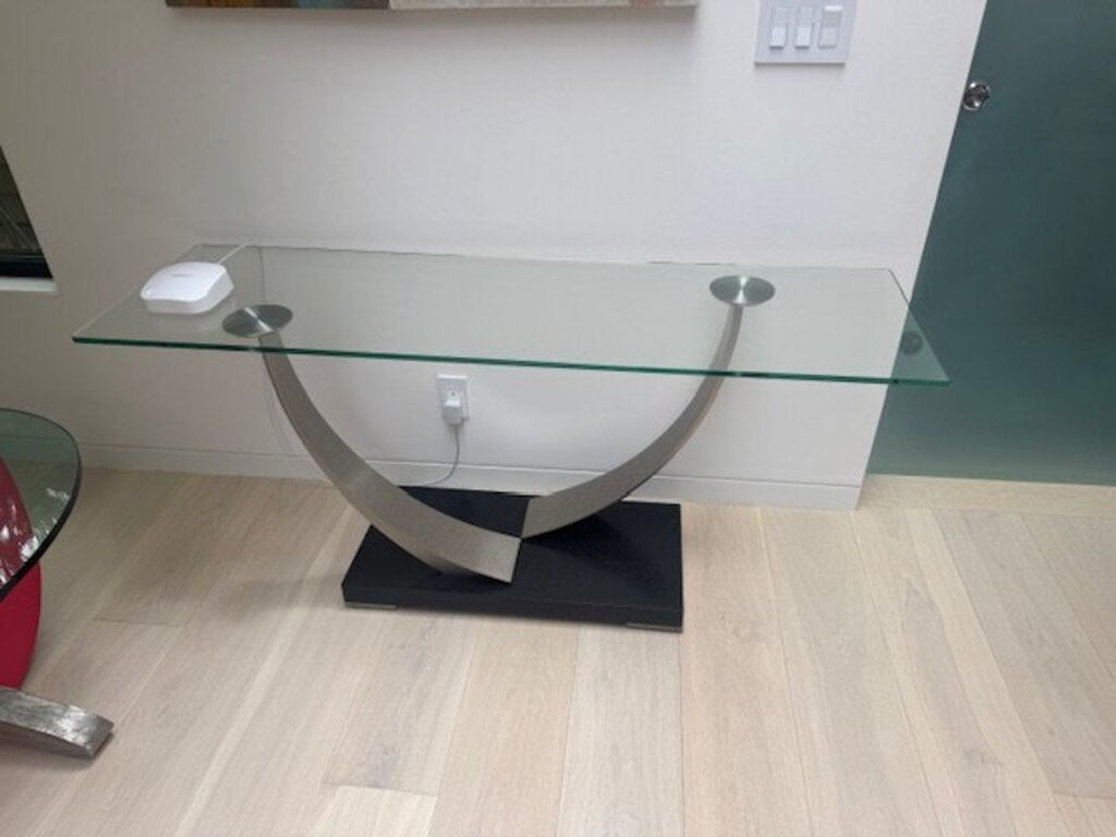 Ambiente Glass & Steel Console Table 60x18x28 by Miss Daisy's Consignment & Auction House