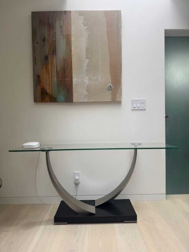 Ambiente Glass & Steel Console Table 60x18x28 by Miss Daisy's Consignment & Auction House