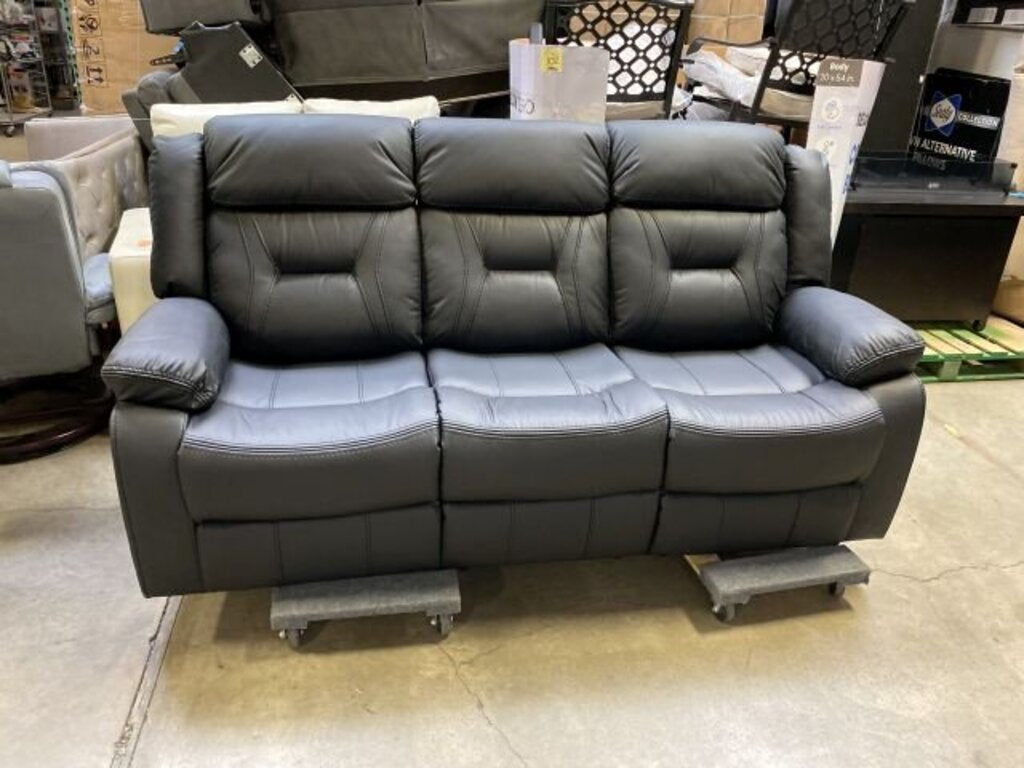 Black Modern Leather Manual Reclining Sofa 80" W.