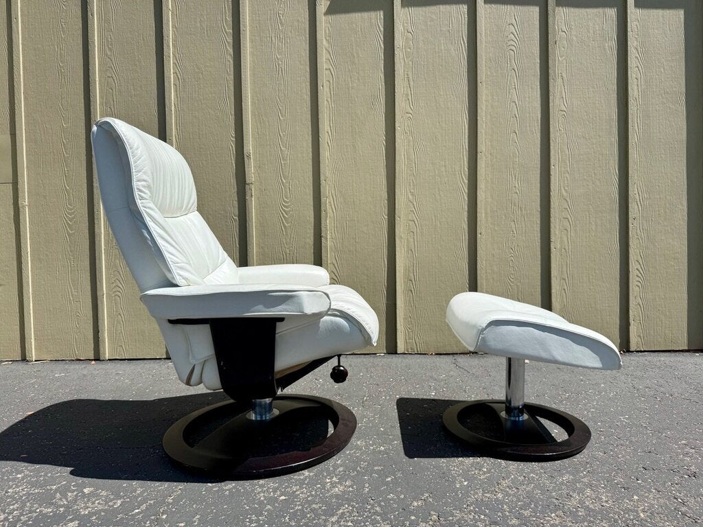 White Leather Reclining Chair + Ottoman