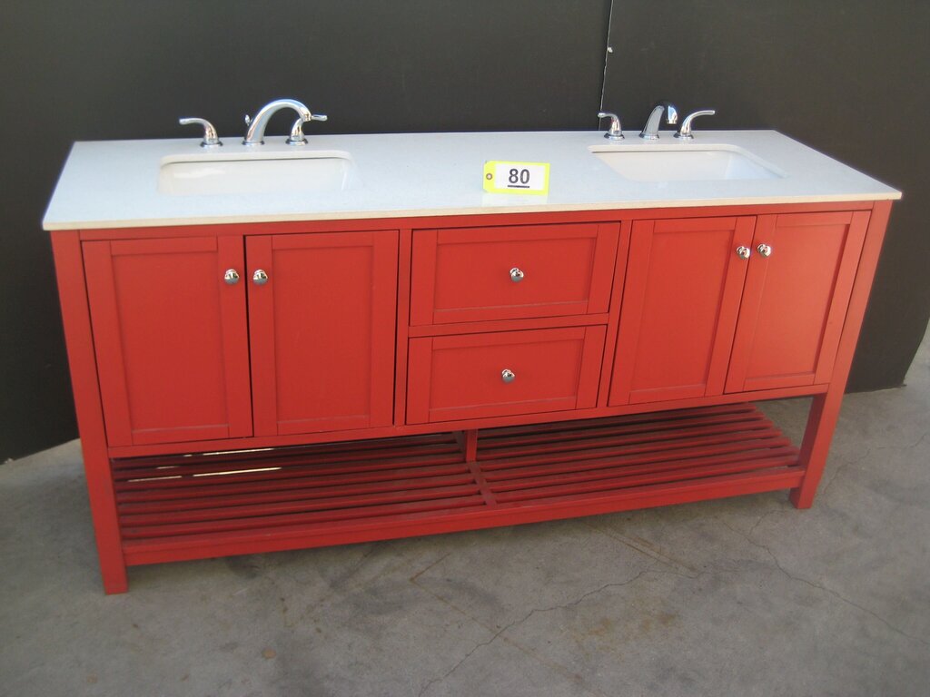 Red Double Sink Bathroom Vanity 72x22x35