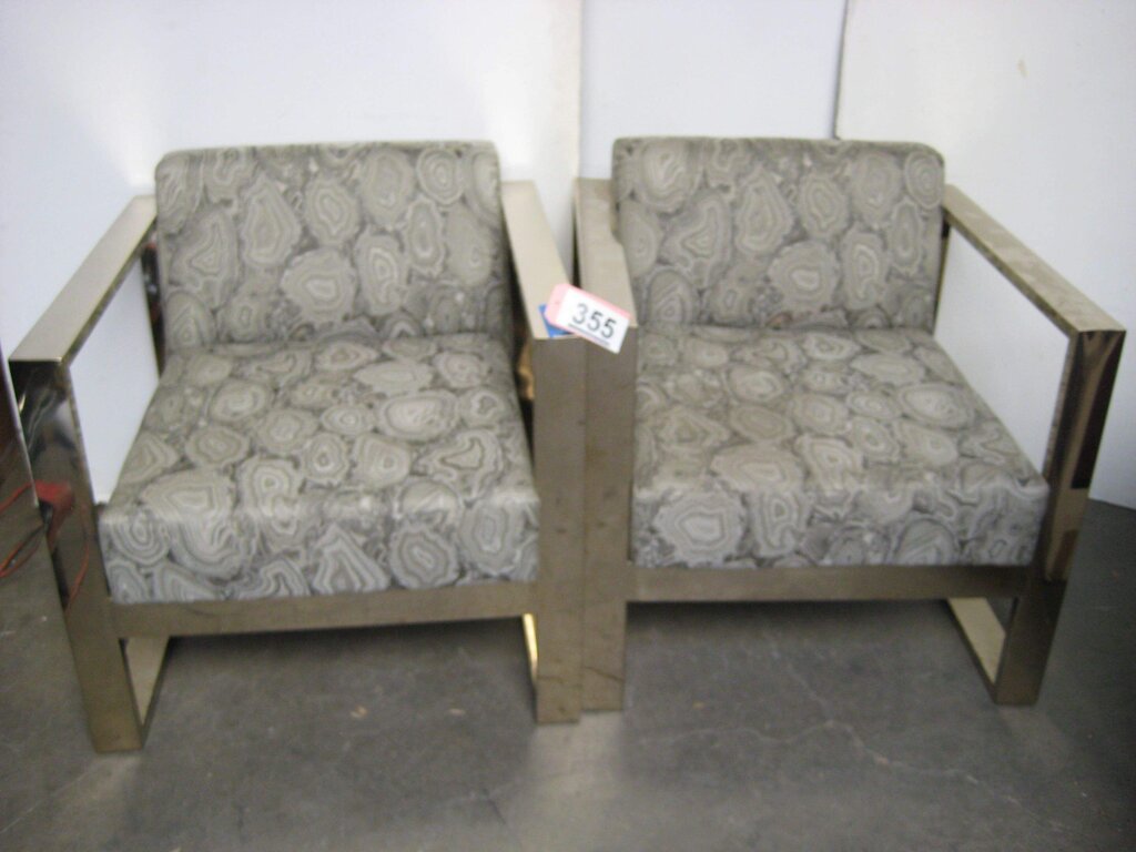 Milo Baughman Attr Agate Print Gold Frame Chairs (pair)