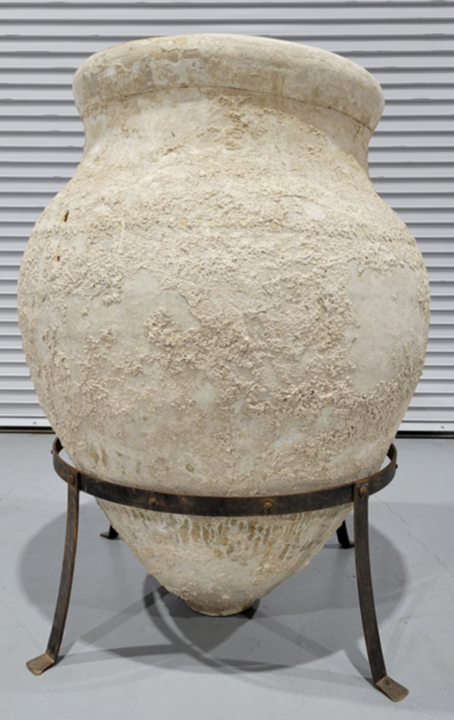 White Terracotta Olive Jar w/ Iron Stand 48"H