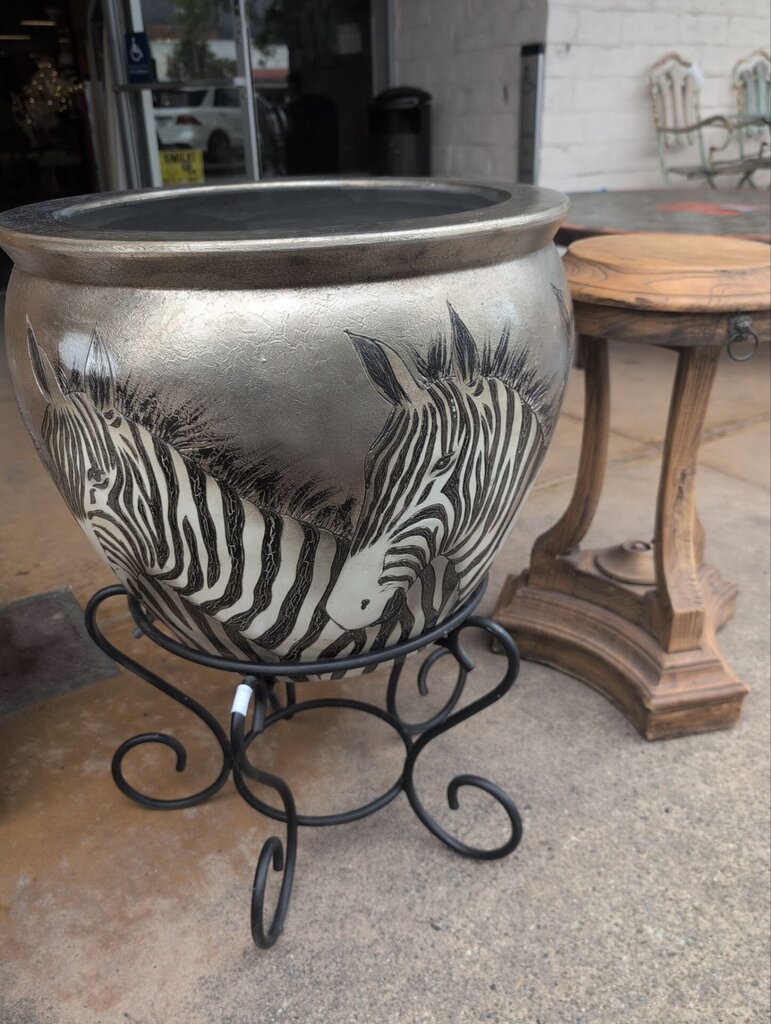 Zebra Head Ceramic Vase On Metal Stand 20x29" H
