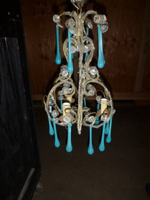 Vintage French Blue Murano Beaded Chandelier