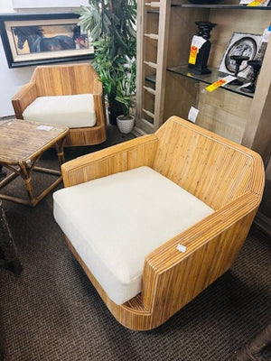 Milo Baughman Style Cased Bamboo Swivel Chairs (pair) Cushions by Justina Blakeney