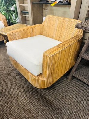 Milo Baughman Style Cased Bamboo Swivel Chairs (pair) Cushions by Justina Blakeney