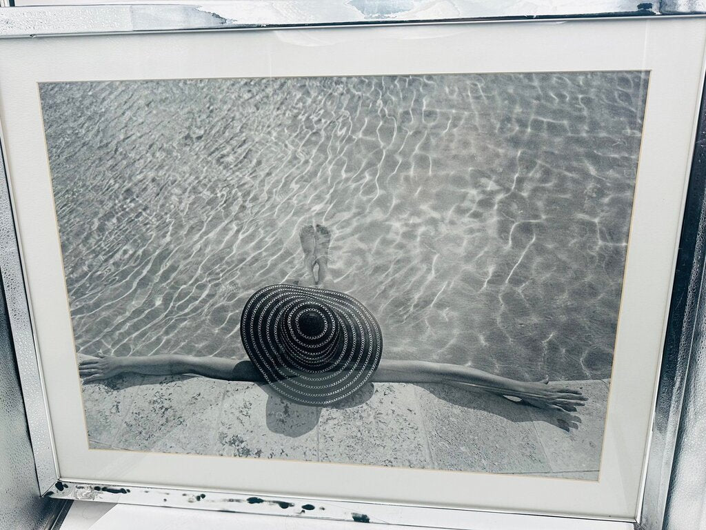 Framed Black & White Poster Straw Hat Girl by Pool 26x34