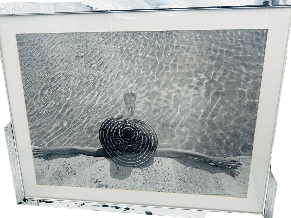Framed Black & White Poster Straw Hat Girl by Pool 26x34 by Miss Daisy's Consignment & Auction House