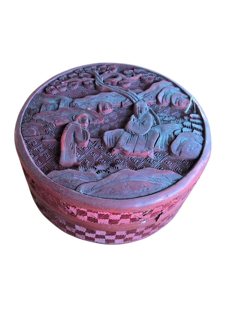 Antique Cinnabar-Lacquered-Carved Treasure Box 4.2in