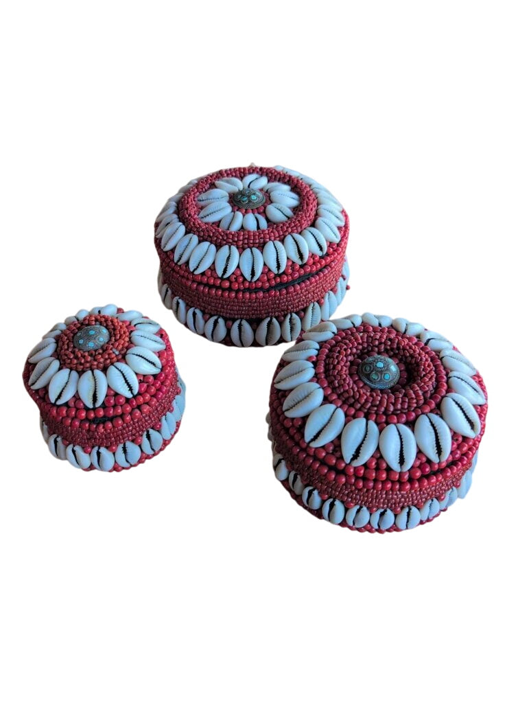 Intricately Handcrafted Round Shell Beadwork Boxes