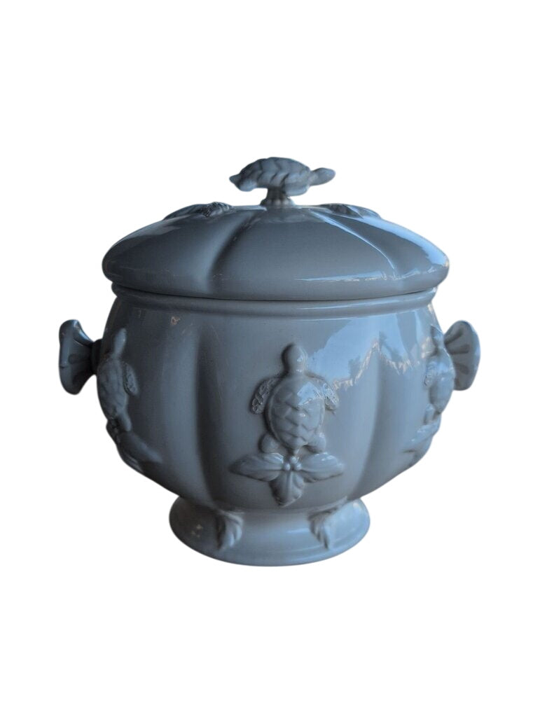 Covered White Ceramic Turtle Motif Jar