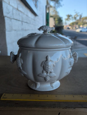 Covered White Ceramic Turtle Motif Jar