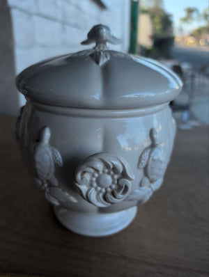 Covered White Ceramic Turtle Motif Jar