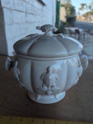 Covered White Ceramic Turtle Motif Jar