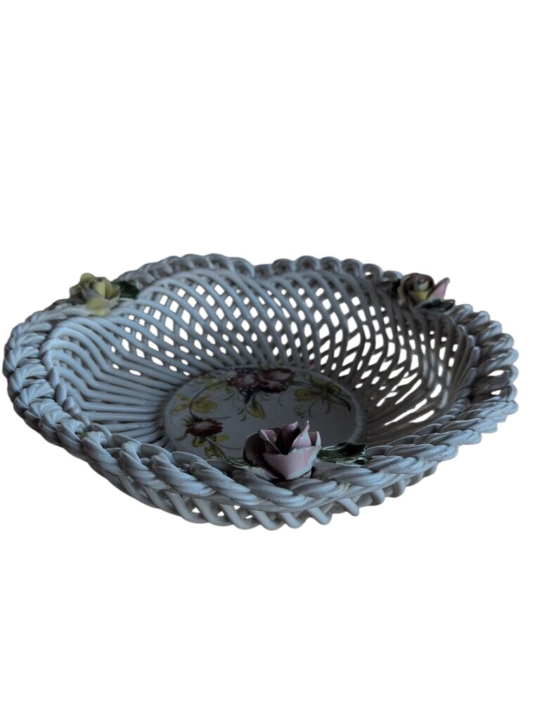 Italian Woven Ceramic Basket with Floral Accents