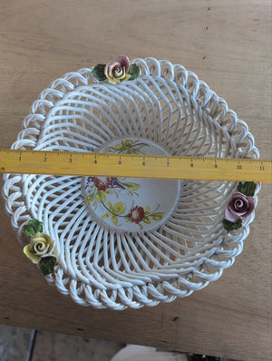 Italian Woven Ceramic Basket with Floral Accents