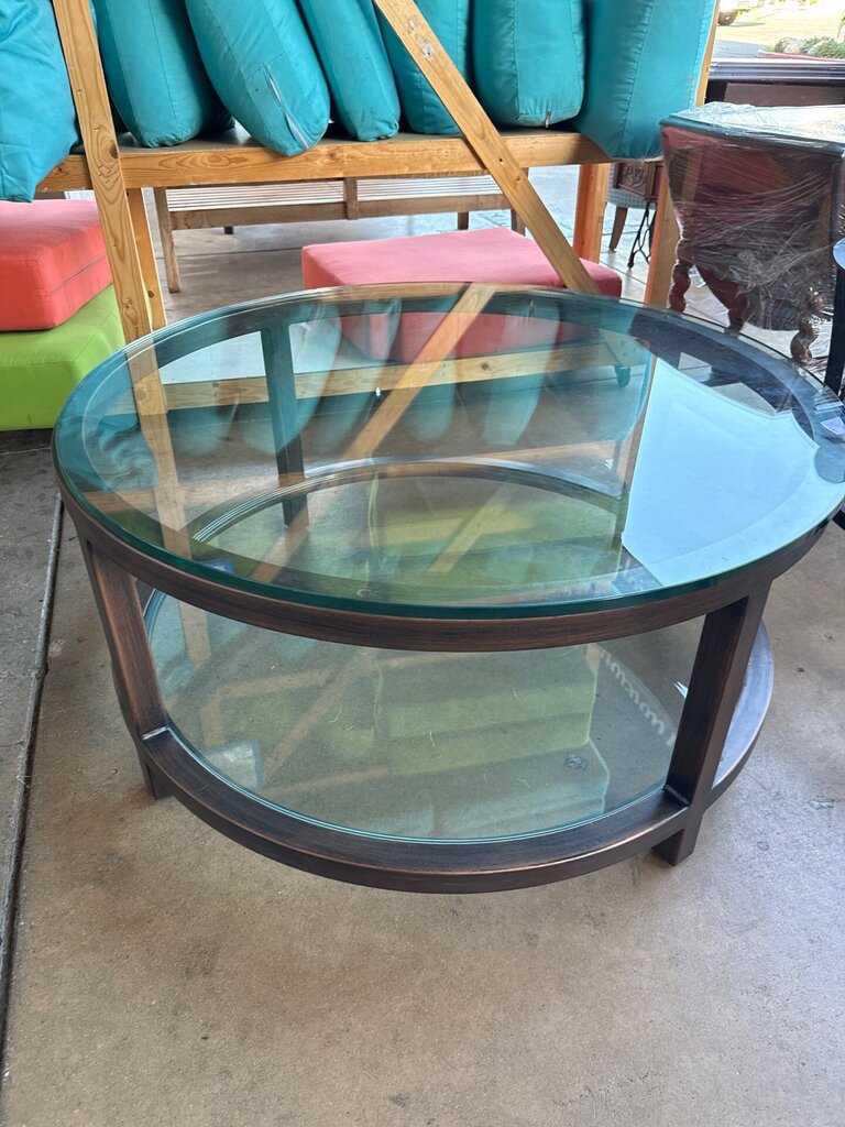 Two-Tier Glass Coffee Table with Patinated Brass