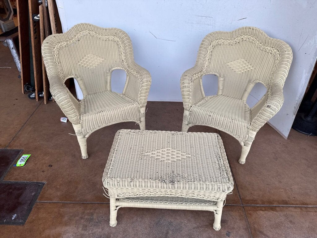 Green Vintage Wicker Chairs and Table