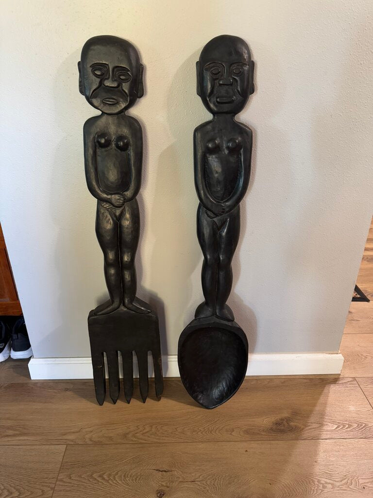African Tribal Carved Spoon and Fork Wall Decor
