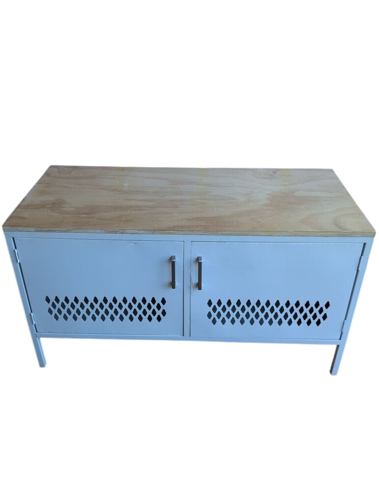 Low Pierced Metal Two-Door Cabinet w/Wood Top