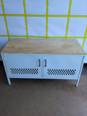Low Pierced Metal Two-Door Cabinet w/Wood Top