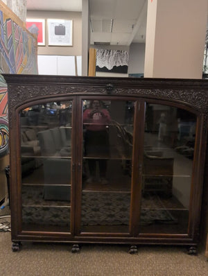 Antique Carved Mahogany Triple Door Bookcase