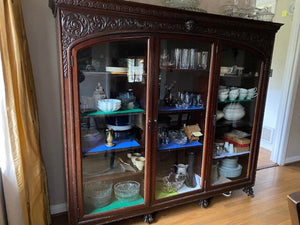 Antique Carved Mahogany Triple Door Bookcase