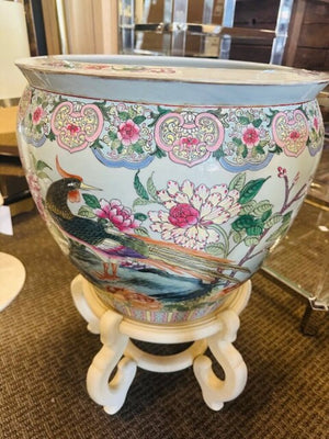 Asian-style porcelain fishbowl planter On Stand 18x34