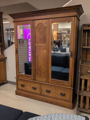English Oak Armoire With Inlay & Beveled Mirrors