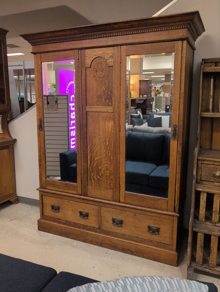 English Oak Armoire With Inlay & Beveled Mirrors