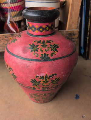 Kashmiri Indo-Raj Red Hand Painted Metal Floral Motif Vase 20"