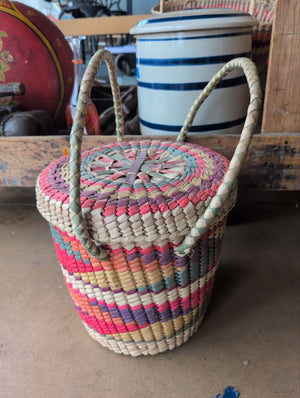 Woven Striped Sea Grass Snake Charmer Basket With Lid
