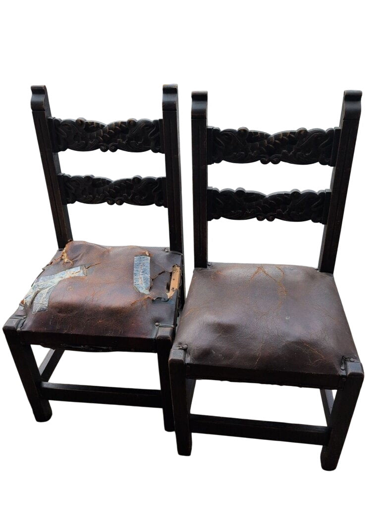 Antique Carved Chairs with Leather Seats (Pair)