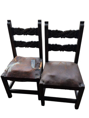 Antique Carved Chairs with Leather Seats (Pair)