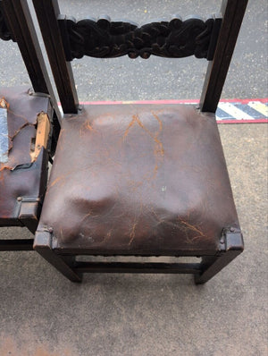 Antique Carved Chairs with Leather Seats (Pair)