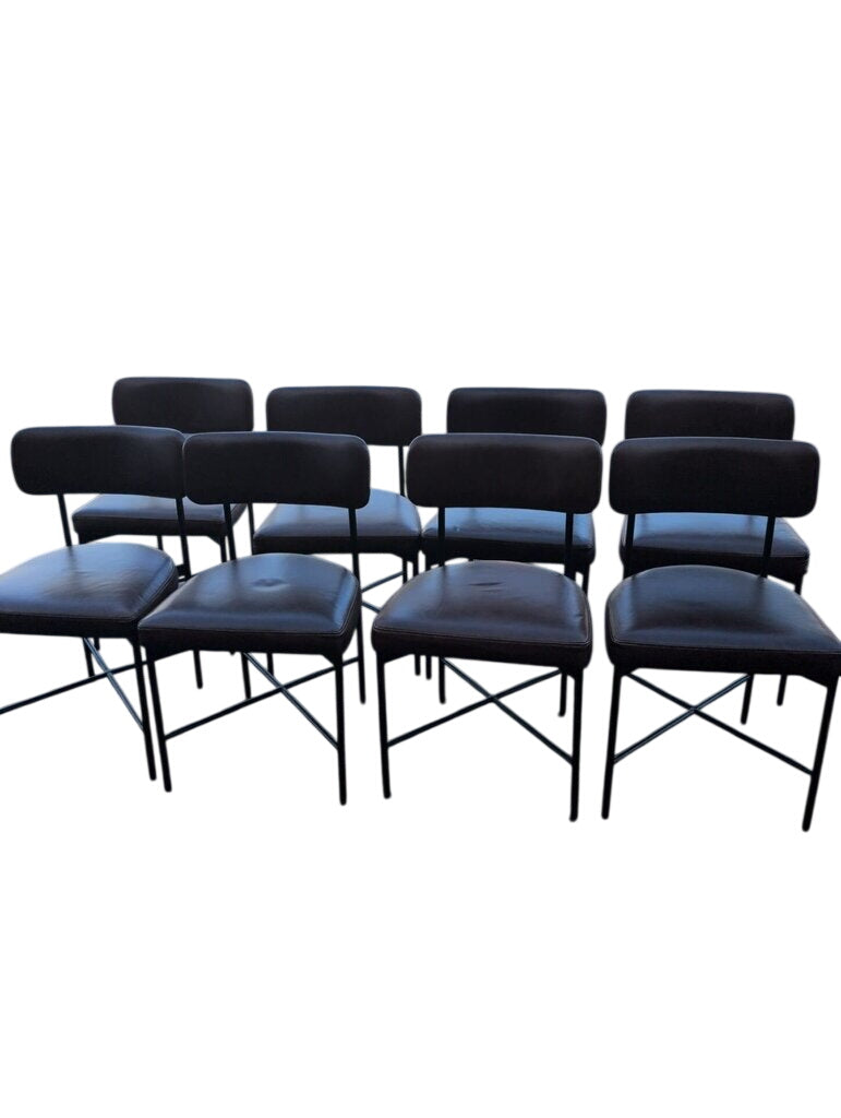 Set Of Eight Leather And Iron Dining Chairs