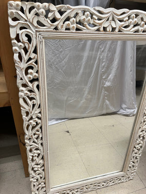Distressed White Carved Wood Mirror