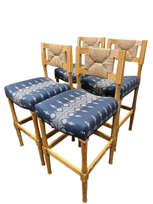 Peter Dunham Wooden Bar Stools With Woven Rush Seats Set of Four