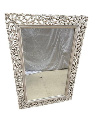 Distressed White Carved Wood Mirror