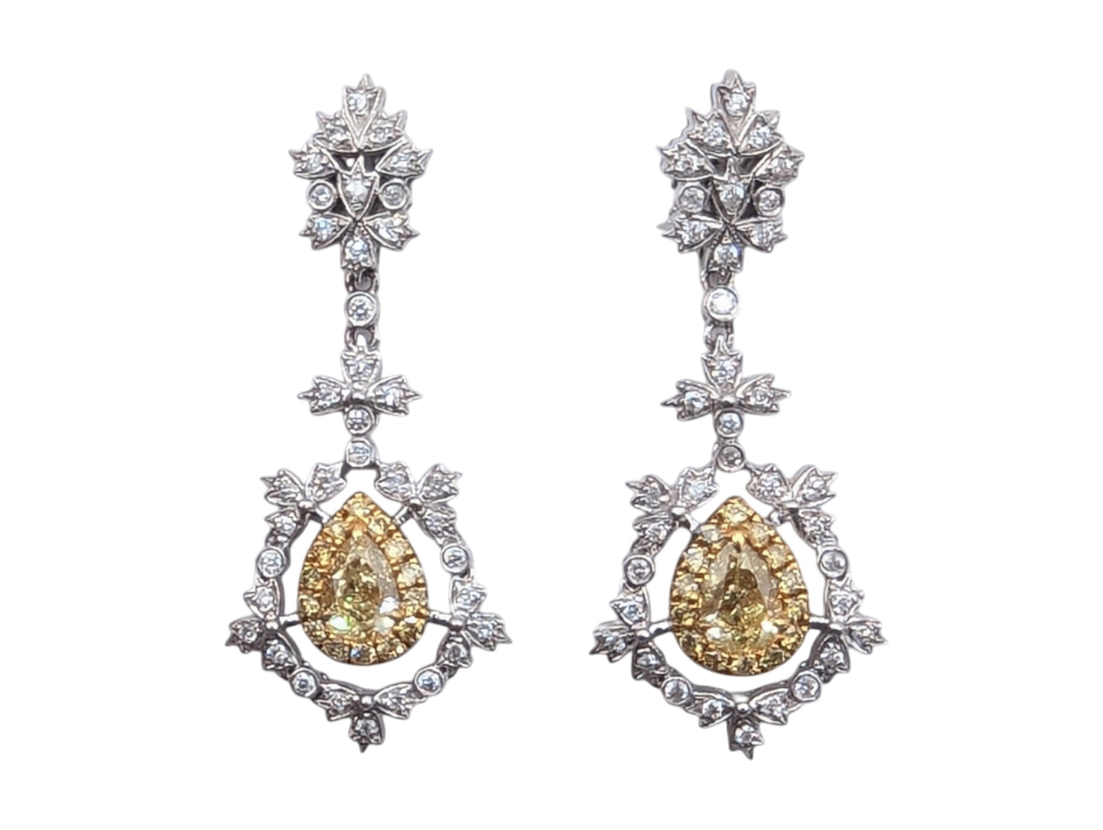Earrings 18k White & Yellow Gold featuring a Pear Shaped Fancy Yellow Diamond & White Diamonds