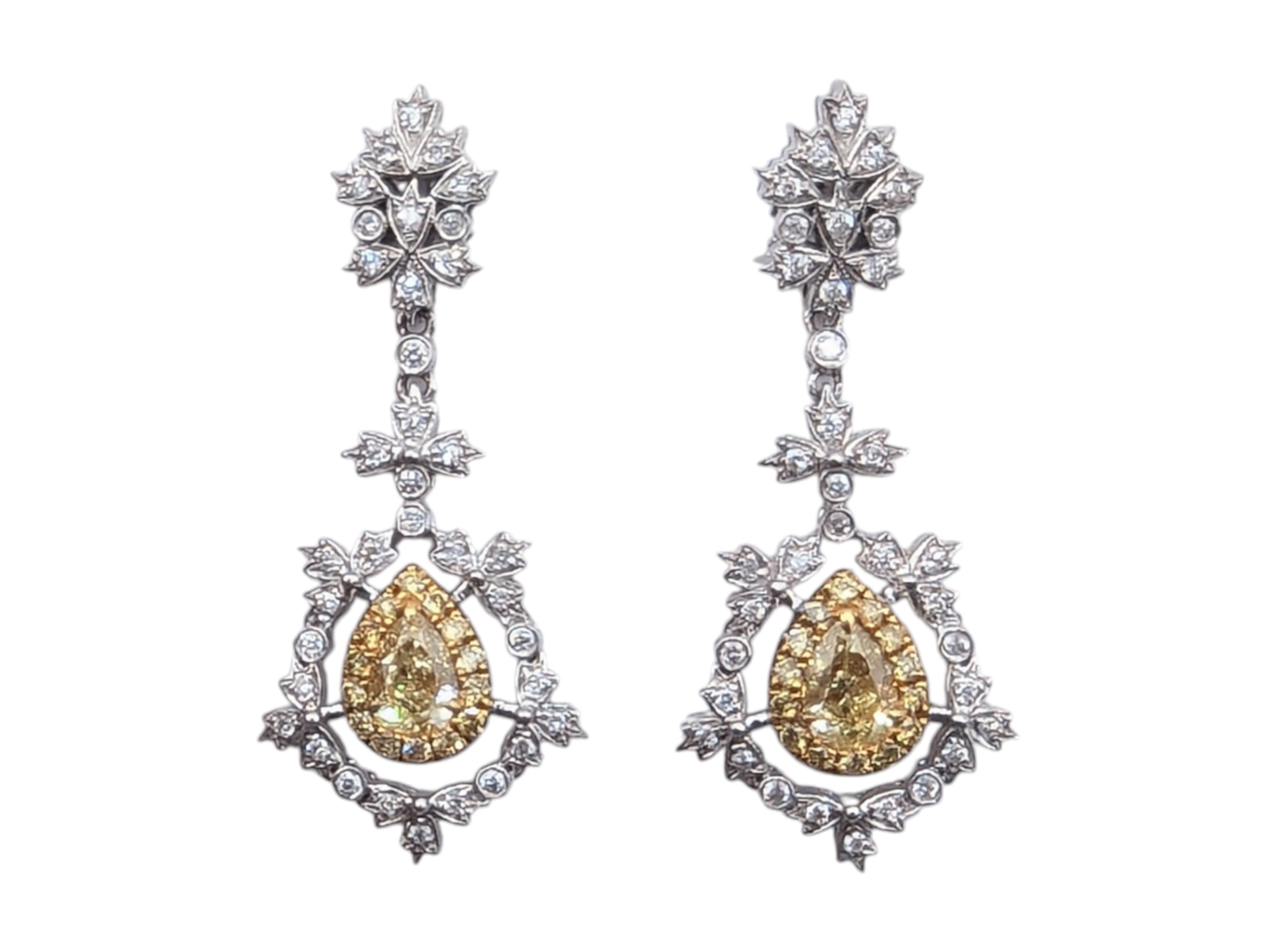 Earrings 18k White & Yellow Gold featuring a Pear Shaped Fancy Yellow Diamond & White Diamonds