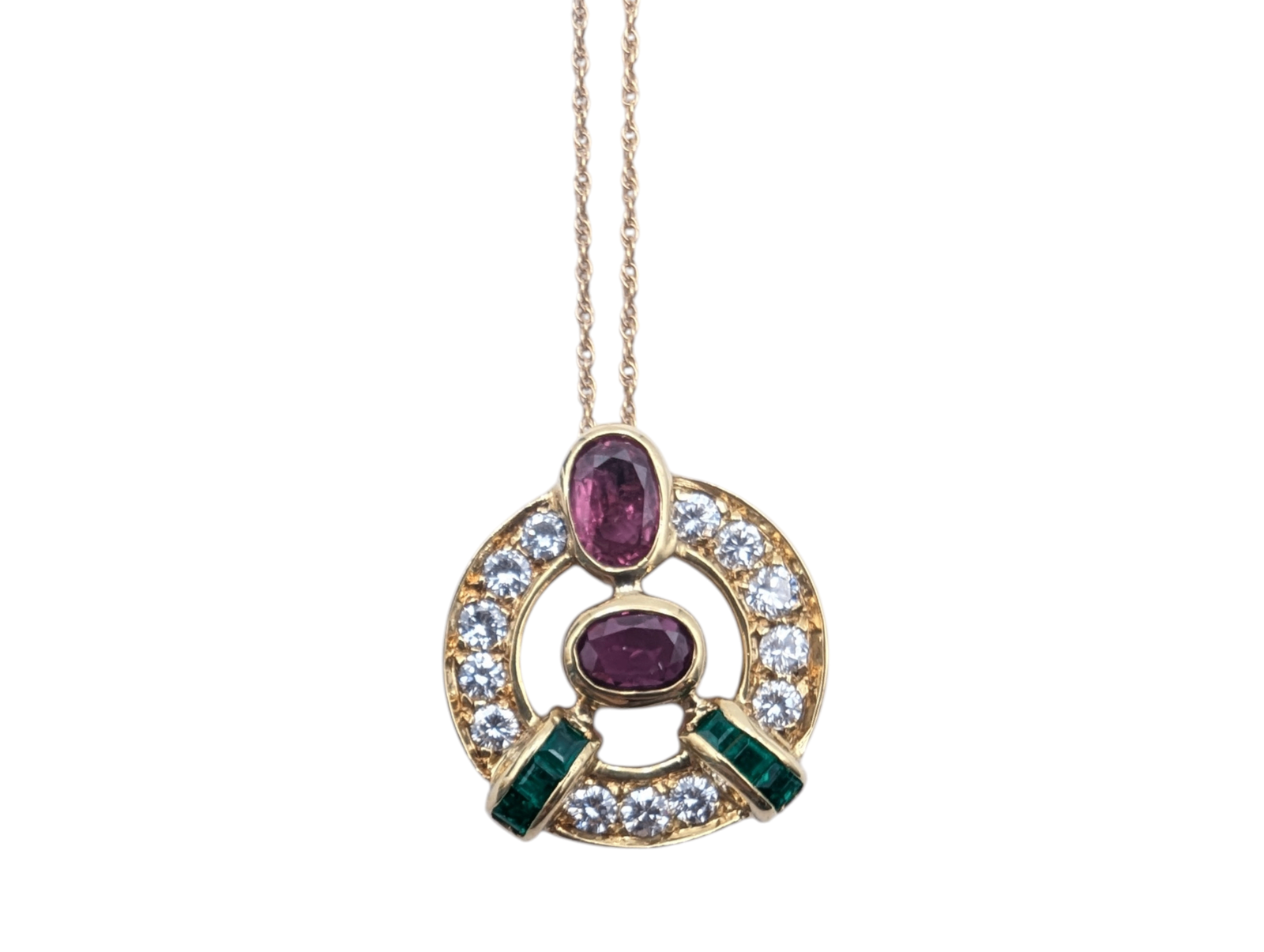 Pendant Necklace 18k Yellow Gold Rubies, Emeralds & Diamonds