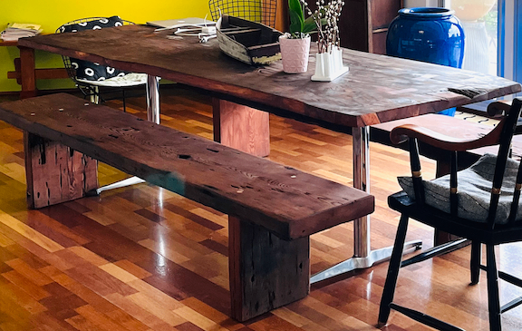 live Edge solid Redwood Table & Benches with Steel Pedestal Legs